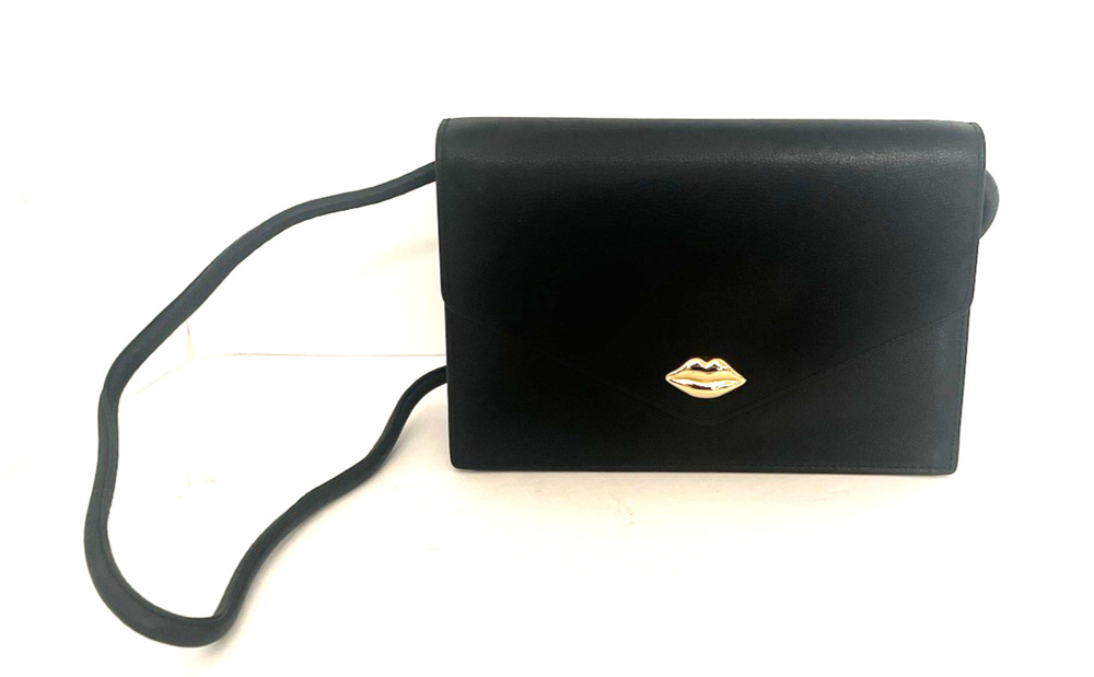 LULU GUINNESS LIPS BLACK CLUTCH/SHOULDER BAG WITH DETACHABLE STRAP, EXCELLENT